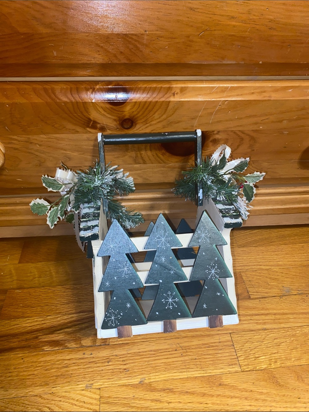 Wooden Holiday Basket with Green Tree Accents 10”L x 7”W